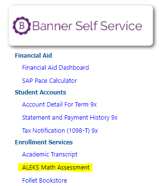 ALEKS Math Assessment link under Banner Self Service