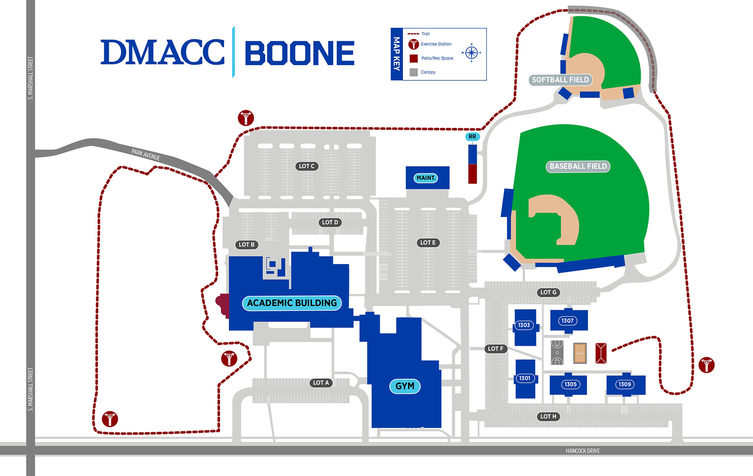 The DMACC Boone Campus is located at 1125 Hancock Drive, Boone, Iowa 50036. The map is oriented with north at the top and shows the Academic Building, gym, athletic fields, student housing, parking lots, campus roads and surrounding streets.