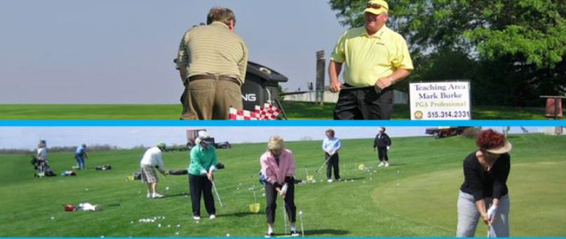 Burke Golf Academy two shots, one of men at golf tee, the other of people on practice green