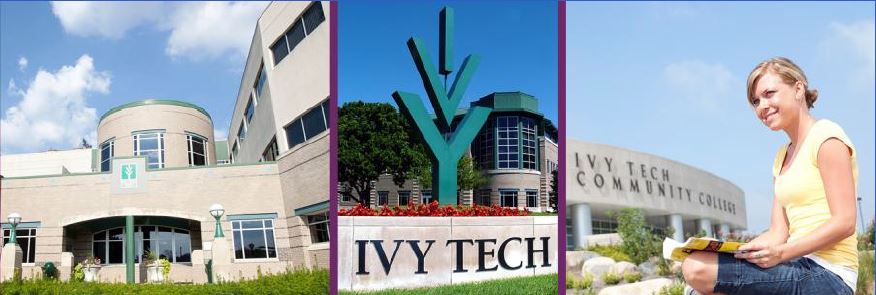 Ivy Tech Community College three shots of college, front of building, Ivy Tech sign, and woman holding a book sitting outside