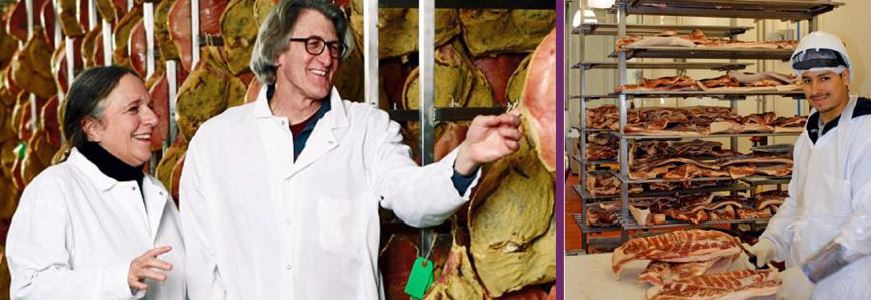 Photo of man and woman in white lab coats lookng at cuts of hanging meat, second photo of man in white coat cutting meat