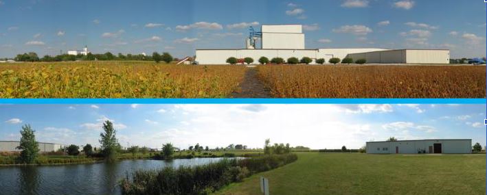 MBS Genetics two photos of the building, one with a field in the foreground, the other with a lake in the foreground