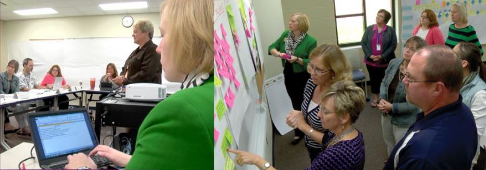 Urbandale Schools in meeting with person taking notes on a computer, and at a wall working on post it notes