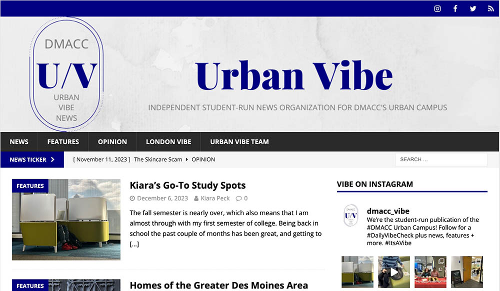 A screenshot of Urban Vibe news site