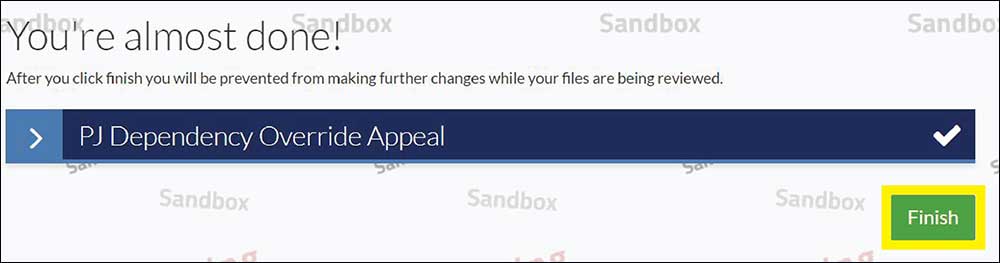 Screen: You're almost done! Dependency Overrride Appeal with a check mark. Green Finish button highlighted