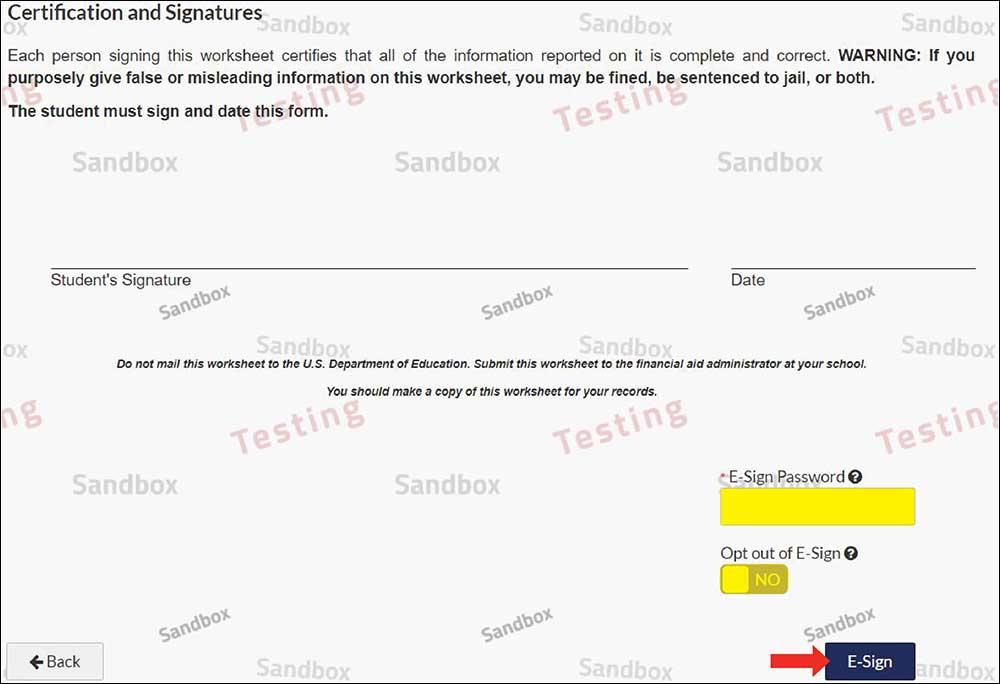 Screen: with two fields - esignnature and esign highliighted and Sign button with red arrow pointing to it.