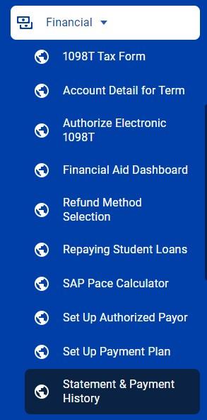 myDMACC Financial menu showing Statement & Payment History highlighted.