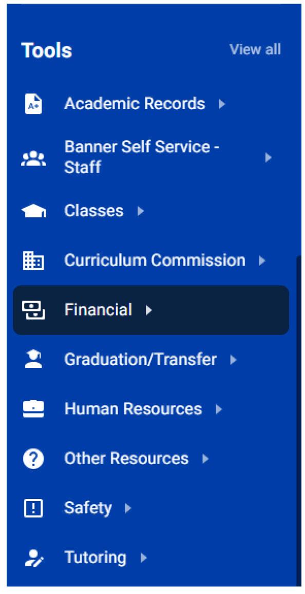 Tools menu with Financial highlighted