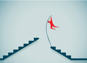 person vaulting with pole from one set of stairs to another