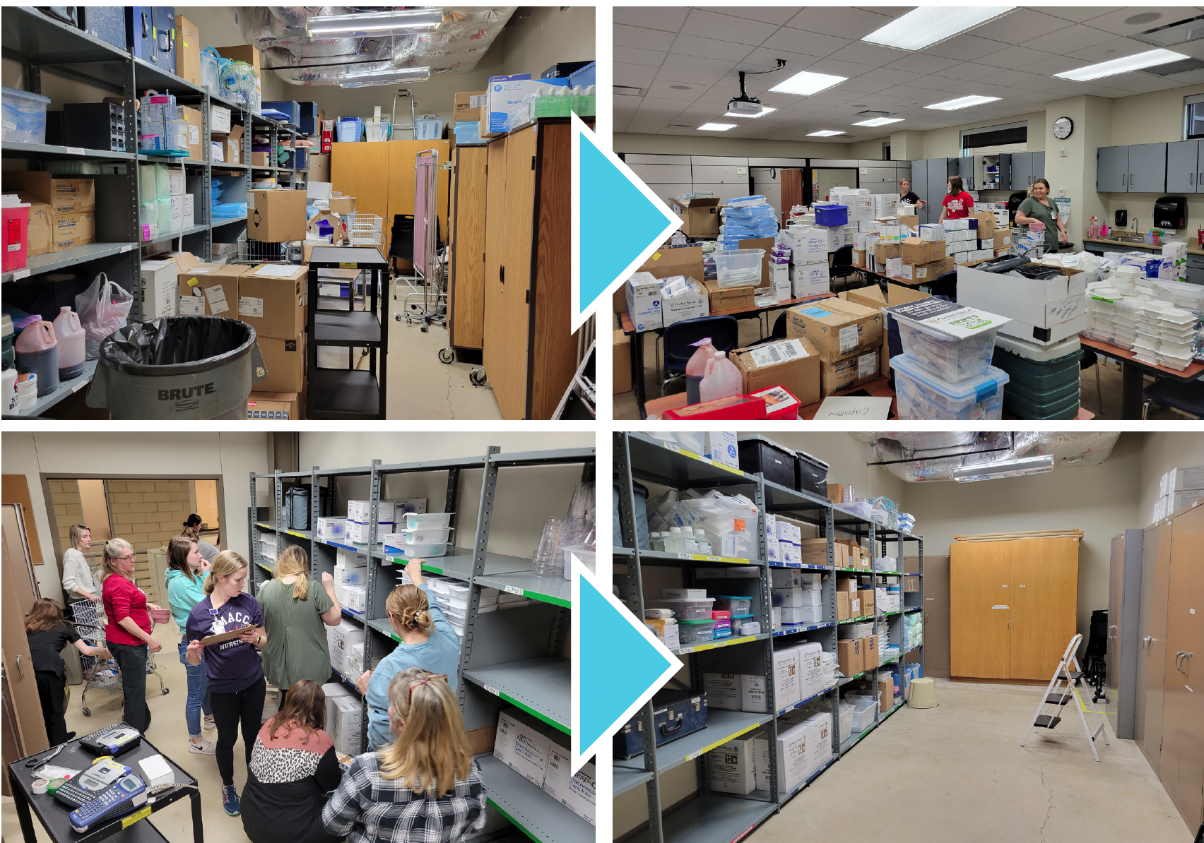 Side by side photos compare a messy closet to the final result after 5S strategy was implemented