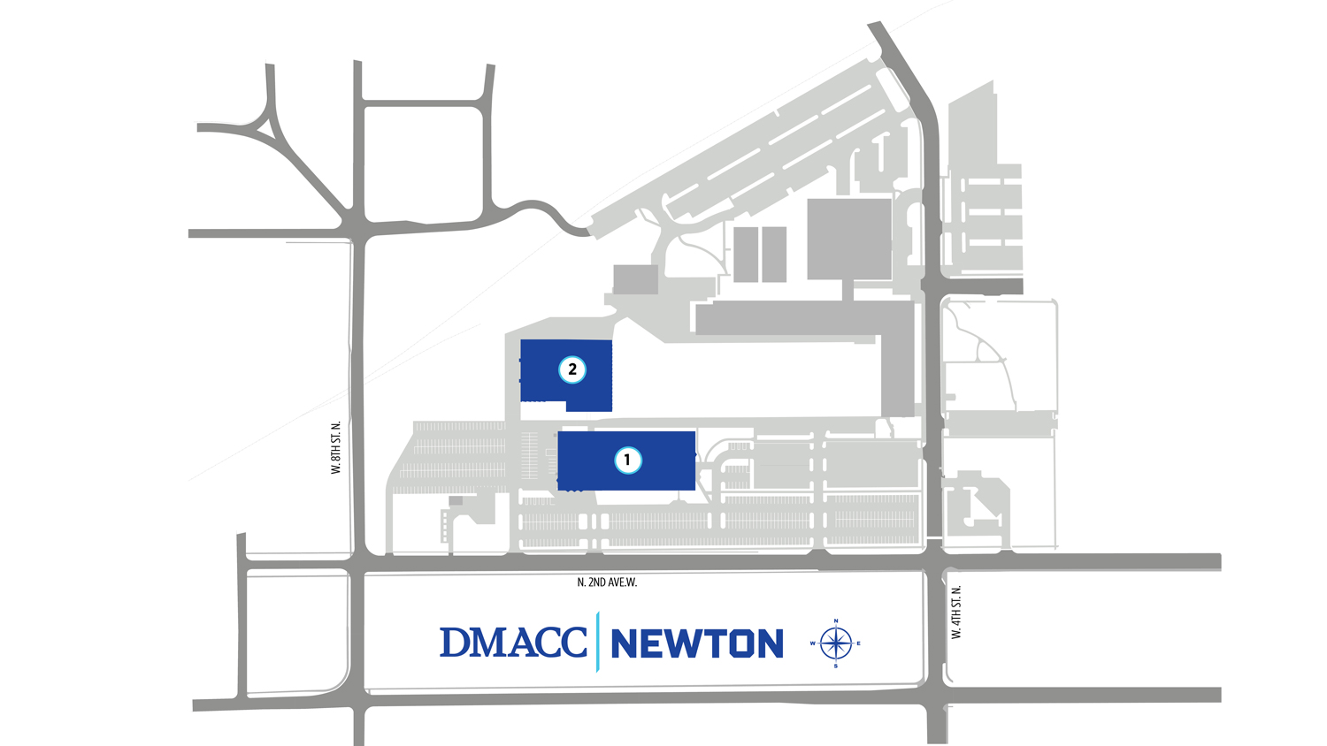 The DMACC Newton Campus is located at 600 North 2nd Avenue West, Newton, Iowa 50208, near Legacy Plaza. The map is oriented with north at the top and shows two campus buildings, parking areas, internal drives and surrounding streets.