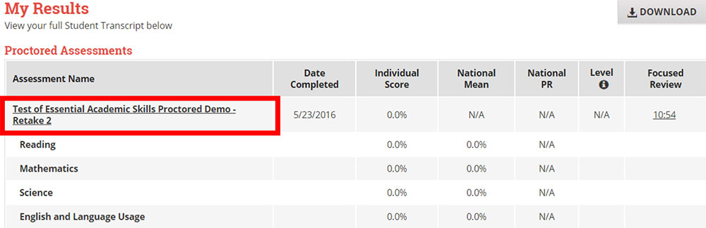 Screenshot of My Results Page with Red box around selection