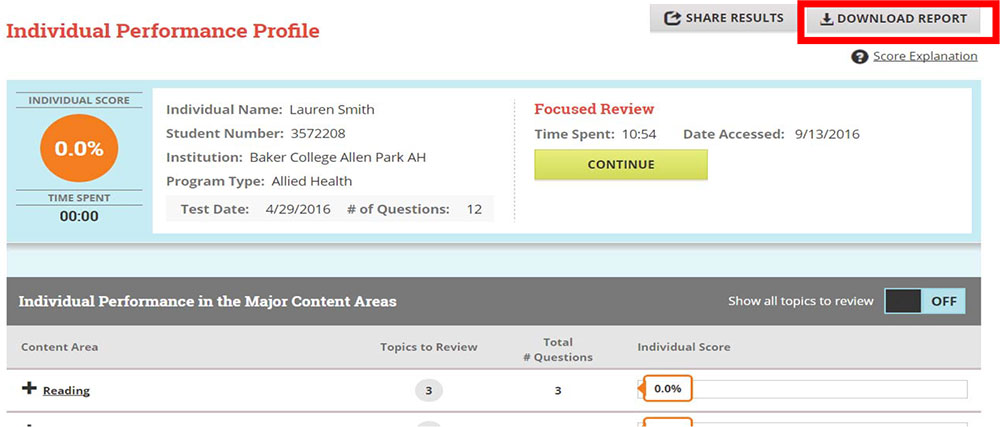 Screenshot of Individual Performance Profile. There is a red bo around Download Report in the upper right hand corner of the screenshot.