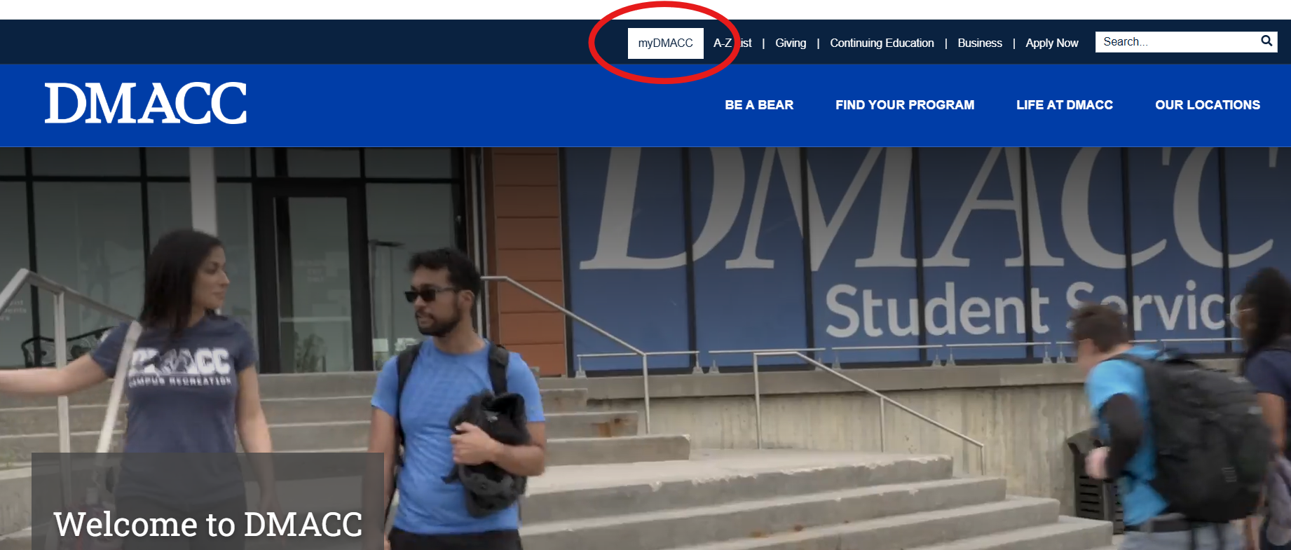 The DMACC homepage. The myDMACC button is highlighted with a circle around it.