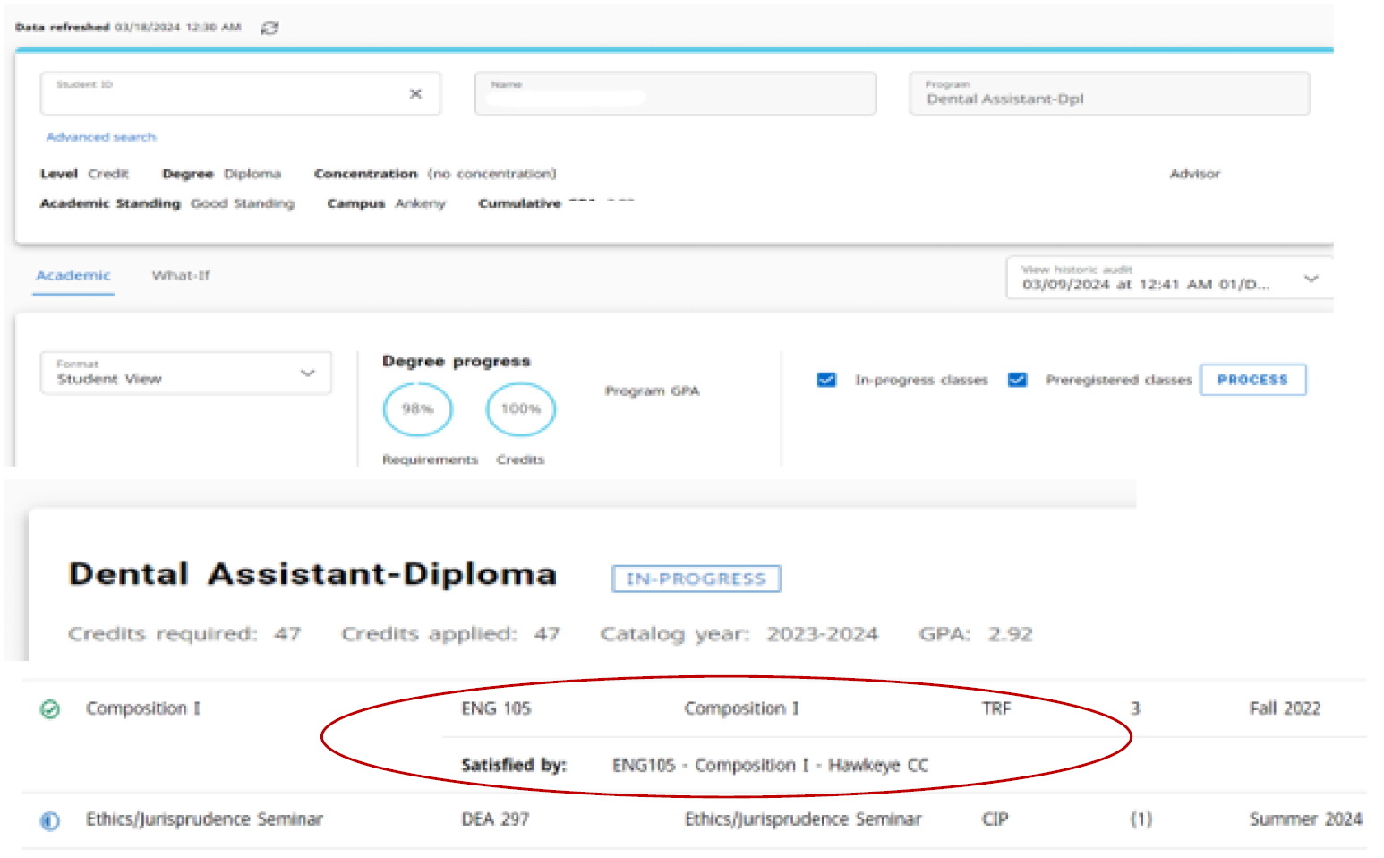 Example of the DegreeWorks progress summary