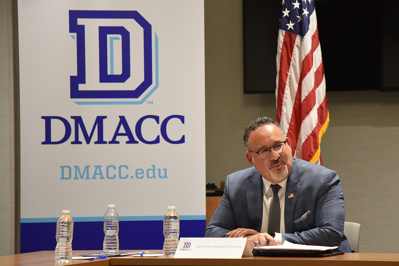 U.S. Secretary of Education Dr. Miguel Cardona (above) visits the DMACC Ankeny Campus on Dec. 7, 2023, to hear from students about the importance of teacher apprenticeship programs​, including the DMACC Paraeducator Certificate Program​, and how these impactful programs help open doors for individuals who want to work as an educator.